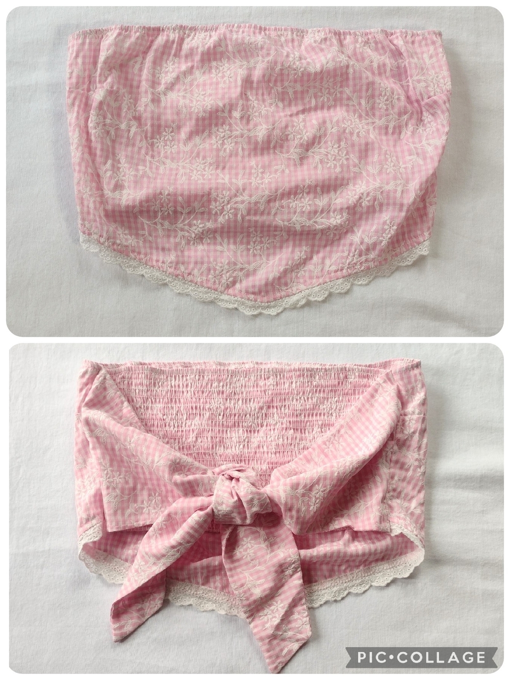 Altar'd State Embroidered Gingham Tie Back Bandeau Strapless Crop Top Pink White